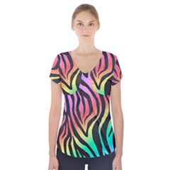 Rainbow Zebra Stripes Short Sleeve Front Detail Top by nate14shop