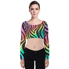 Rainbow Zebra Stripes Velvet Long Sleeve Crop Top by nate14shop