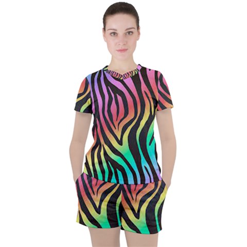 Rainbow Zebra Stripes Women s Tee And Shorts Set by nate14shop