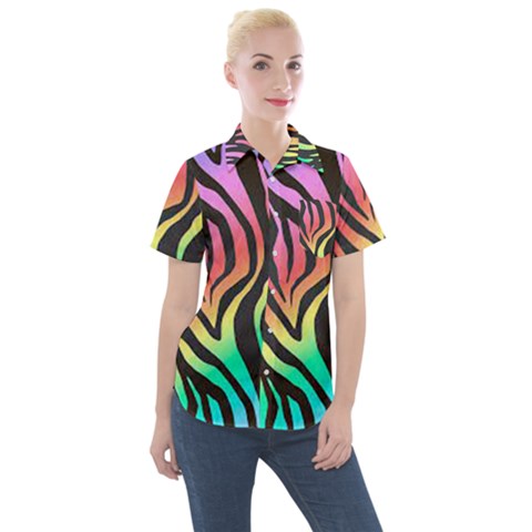 Rainbow Zebra Stripes Women s Short Sleeve Pocket Shirt by nate14shop