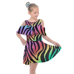 Rainbow Zebra Stripes Kids  Shoulder Cutout Chiffon Dress by nate14shop