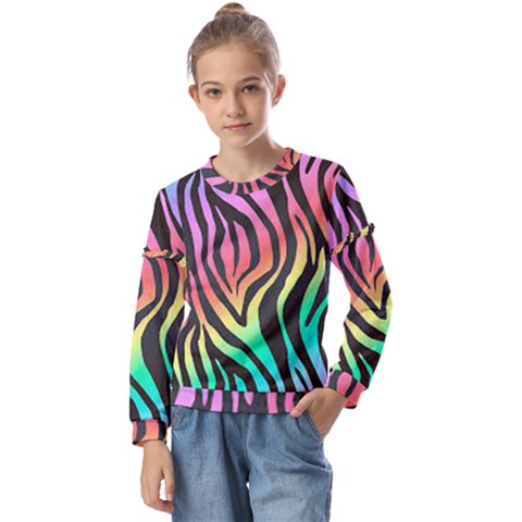 Rainbow Zebra Stripes Kids  Long Sleeve Tee With Frill  by nate14shop