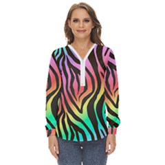 Rainbow Zebra Stripes Zip Up Long Sleeve Blouse