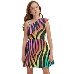 Rainbow Zebra Stripes Kids  One Shoulder Party Dress