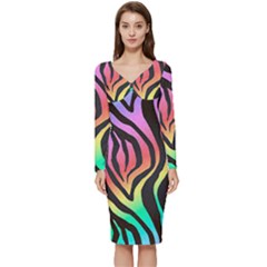 Rainbow Zebra Stripes Long Sleeve V-neck Bodycon Dress 