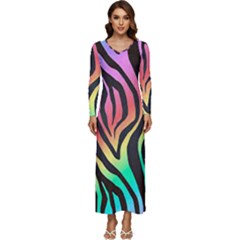 Rainbow Zebra Stripes Long Sleeve Velour Longline Maxi Dress