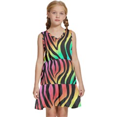 Rainbow Zebra Stripes Kids  Sleeveless Tiered Mini Dress