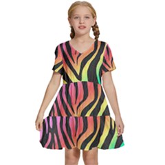 Rainbow Zebra Stripes Kids  Short Sleeve Tiered Mini Dress