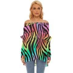 Rainbow Zebra Stripes Off Shoulder Chiffon Pocket Shirt