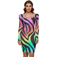 Rainbow Zebra Stripes Women Long Sleeve Ruched Stretch Jersey Dress