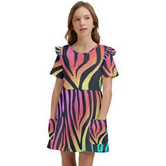 Rainbow Zebra Stripes Kids  Frilly Sleeves Pocket Dress