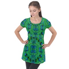 Vines Of Beautiful Flowers On A Painting In Mandala Style Puff Sleeve Tunic Top by pepitasart