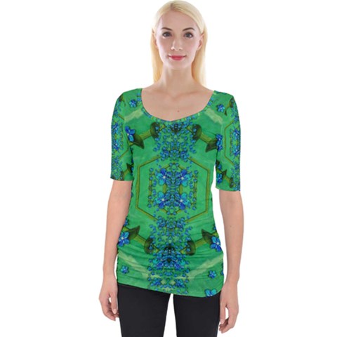 Vines Of Beautiful Flowers On A Painting In Mandala Style Wide Neckline Tee by pepitasart