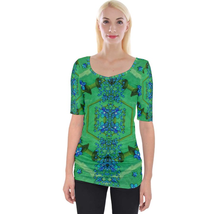 Vines Of Beautiful Flowers On A Painting In Mandala Style Wide Neckline Tee