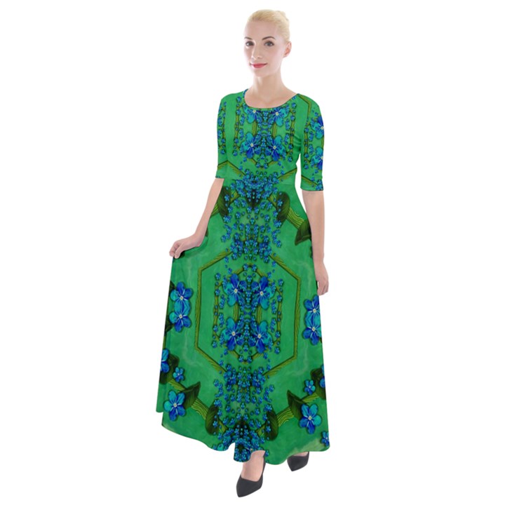 Vines Of Beautiful Flowers On A Painting In Mandala Style Half Sleeves Maxi Dress