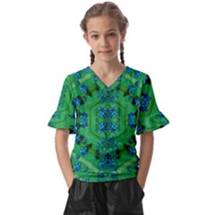 Vines Of Beautiful Flowers On A Painting In Mandala Style Kids  V-neck Horn Sleeve Blouse