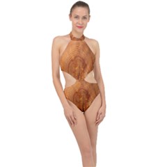 Annual Rings Tree Wood Halter Side Cut Swimsuit by artworkshop