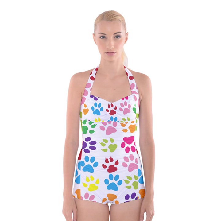 Paw Print Boyleg Halter Swimsuit 