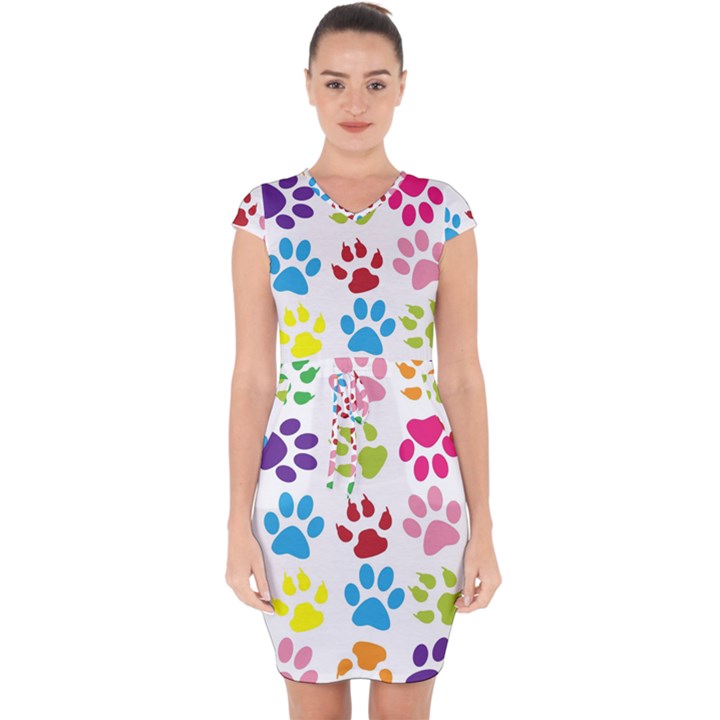 Paw Print Capsleeve Drawstring Dress 