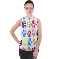 Paw Print Mock Neck Chiffon Sleeveless Top