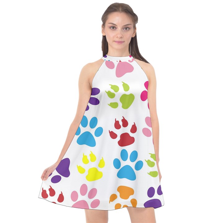 Paw Print Halter Neckline Chiffon Dress 