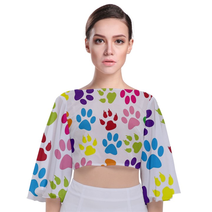 Paw Print Tie Back Butterfly Sleeve Chiffon Top