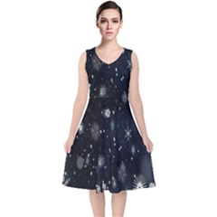 Snowflakes Snow V-neck Midi Sleeveless Dress  by artworkshop