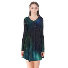 Stars Sky Space Long Sleeve V-neck Flare Dress by artworkshop