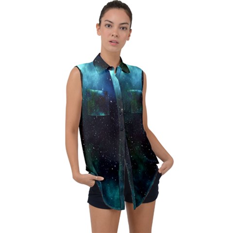 Stars Sky Space Sleeveless Chiffon Button Shirt by artworkshop