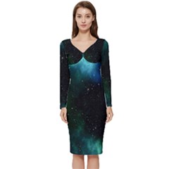 Stars Sky Space Long Sleeve V-neck Bodycon Dress  by artworkshop