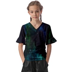 Stars Sky Space Kids  V-neck Horn Sleeve Blouse by artworkshop