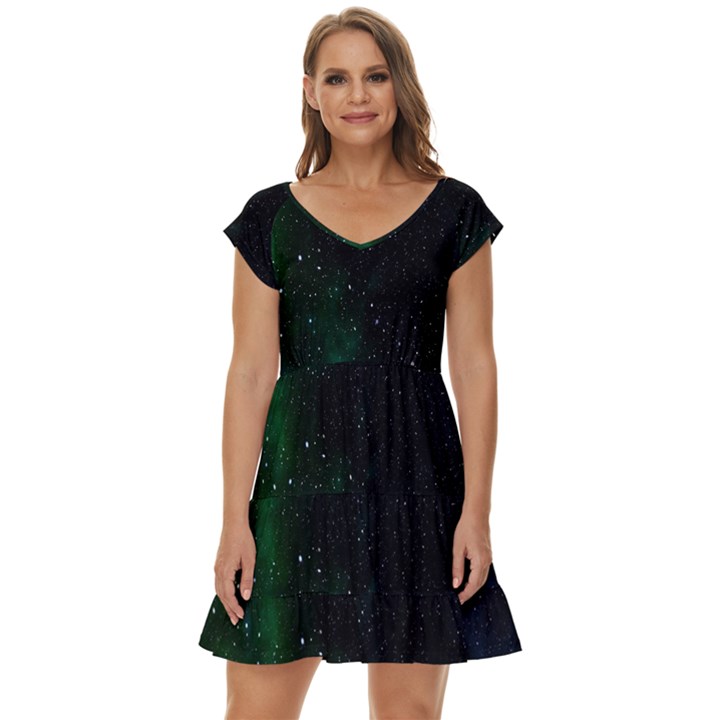 Stars Sky Space Short Sleeve Tiered Mini Dress