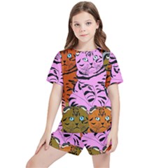 Tileable Seamless Cat Kitty Kids  Tee And Sports Shorts Set by artworkshop