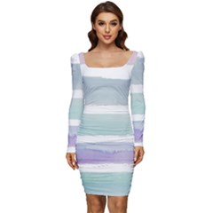 Watercolor Women Long Sleeve Ruched Stretch Jersey Dress