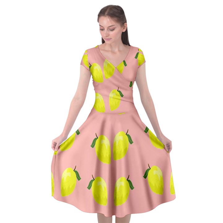 Yellow lemons on pink Cap Sleeve Wrap Front Dress