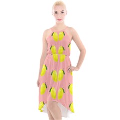 Yellow Lemons On Pink High-low Halter Chiffon Dress 