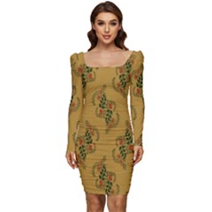 Flowers-001 Women Long Sleeve Ruched Stretch Jersey Dress