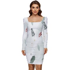 Background-white Abstrack Women Long Sleeve Ruched Stretch Jersey Dress