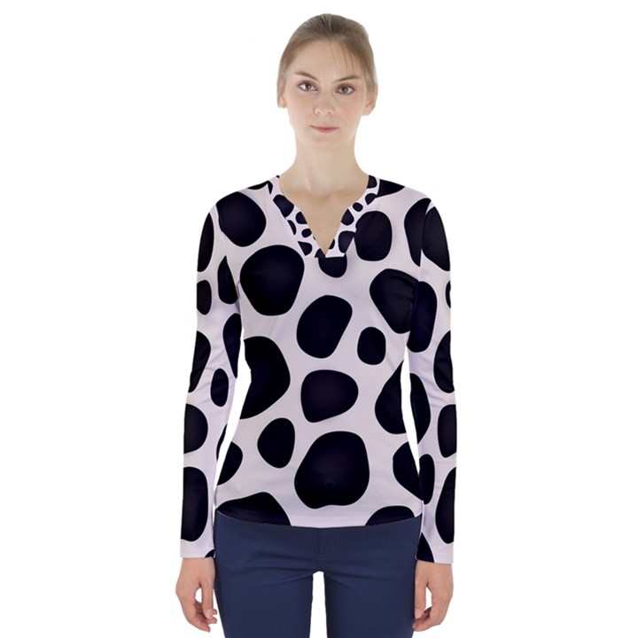 Leoperd-white-black Background V-Neck Long Sleeve Top