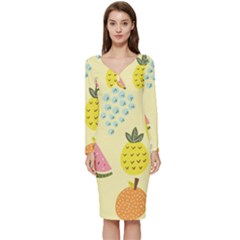 Graphic-fruit Long Sleeve V-neck Bodycon Dress  by nate14shop