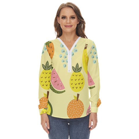 Graphic-fruit Zip Up Long Sleeve Blouse by nate14shop