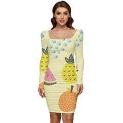 Graphic-fruit Women Long Sleeve Ruched Stretch Jersey Dress