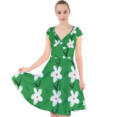 Flowers-green-white Cap Sleeve Front Wrap Midi Dress