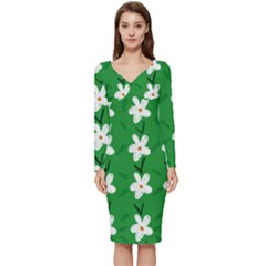 Flowers-green-white Long Sleeve V-neck Bodycon Dress 