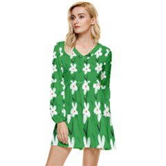 Flowers-green-white Tiered Long Sleeve Mini Dress