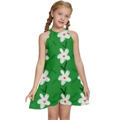 Flowers-green-white Kids  Halter Collar Waist Tie Chiffon Dress