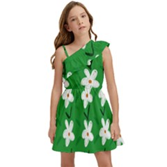 Flowers-green-white Kids  One Shoulder Party Dress