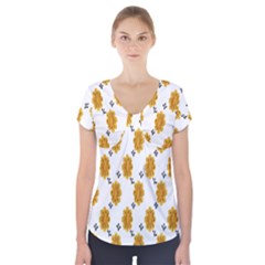 Flowers-gold-white Short Sleeve Front Detail Top by nate14shop