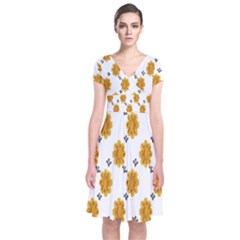 Flowers-gold-white Short Sleeve Front Wrap Dress