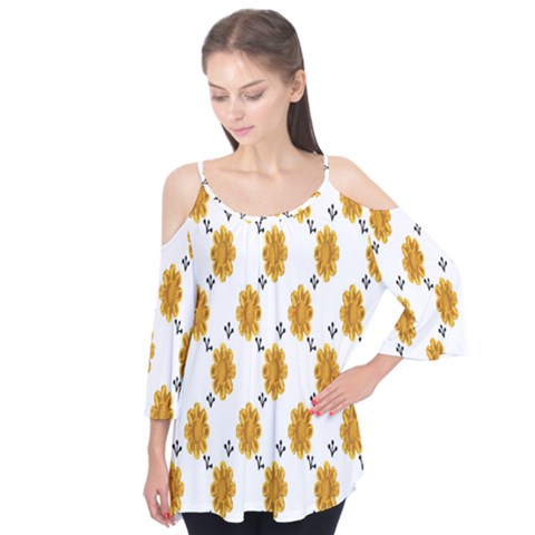 Flowers-gold-white Flutter Sleeve Tee  by nate14shop